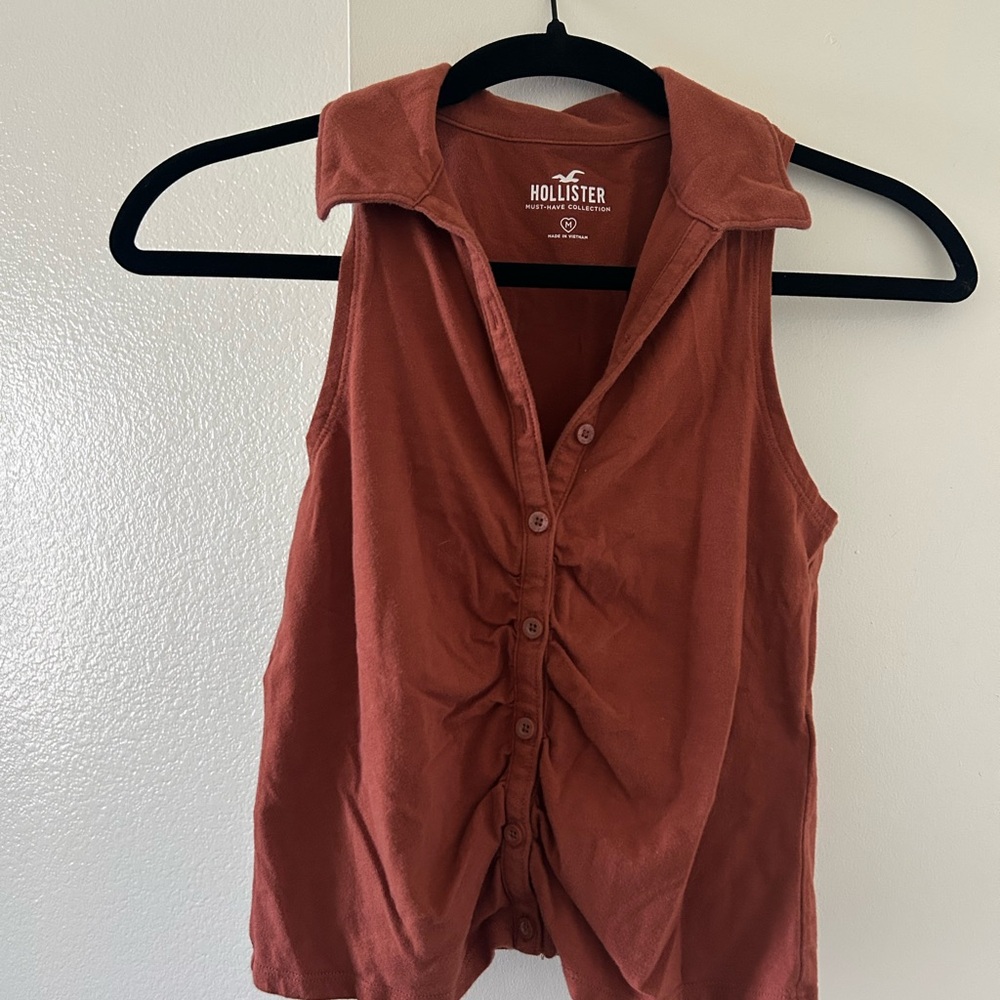 Hollister Orange Ruched Tank Top with Notched Collar